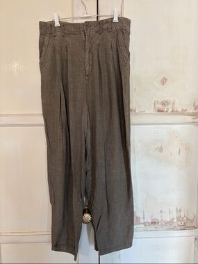 Free People Olive Taupe Wide-Leg Pleated Linen Trousers
